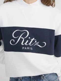 Ritz Paris Cream with Navy Stripe – Sporty Embroidered Cotton Sweatshirt -FRAME Clothing Shop MP25JSS007 CREA 02019 Detail OnModel
