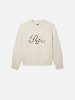 Ritz Paris x FRAME Cream with White Embroidery – Logo Embroidered Unisex Cashmere Crewneck Sweater