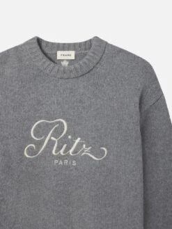 Ritz Paris x FRAME Grey Melange 100% Cashmere Unisex Crewneck Sweater -FRAME Clothing Shop MP25KSW030 GRYM DET sweater front detail packshot image