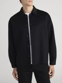 Men's Black Double Face Wool Shirt Jacket – Dropped Shoulder Monochrome Layer -FRAME Clothing Shop MP25WJA007 BLK 0878 shirt front image
