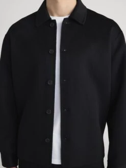 Men's Black Double Face Wool Shirt Jacket – Dropped Shoulder Monochrome Layer -FRAME Clothing Shop MP25WJA007 BLK 0912 shirt front detail image