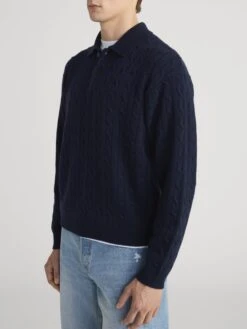 Cable Polo Sweater in Dark Navy – Wool-Cashmere Refined Knit 12 Cable Polo Sweater in Dark Navy – Wool-Cashmere Refined Knit -FRAME Clothing Shop MP26KSW004 DKNV 0776 sweater side angle image