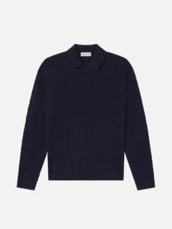 Cable Polo Sweater in Dark Navy – Wool-Cashmere Refined Knit