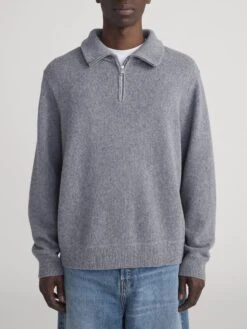 Grey Melange Zip Up Wool Blend Sweater – Classic Half-Zip Mock Neck Knit -FRAME Clothing Shop MP26KSW010 HGRY 2007 sweater front image
