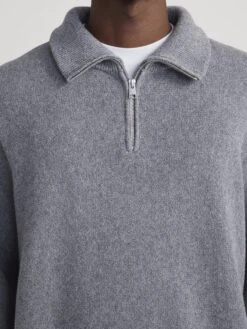 Grey Melange Zip Up Wool Blend Sweater – Classic Half-Zip Mock Neck Knit -FRAME Clothing Shop MP26KSW010 HGRY 2010 sweater front detail image