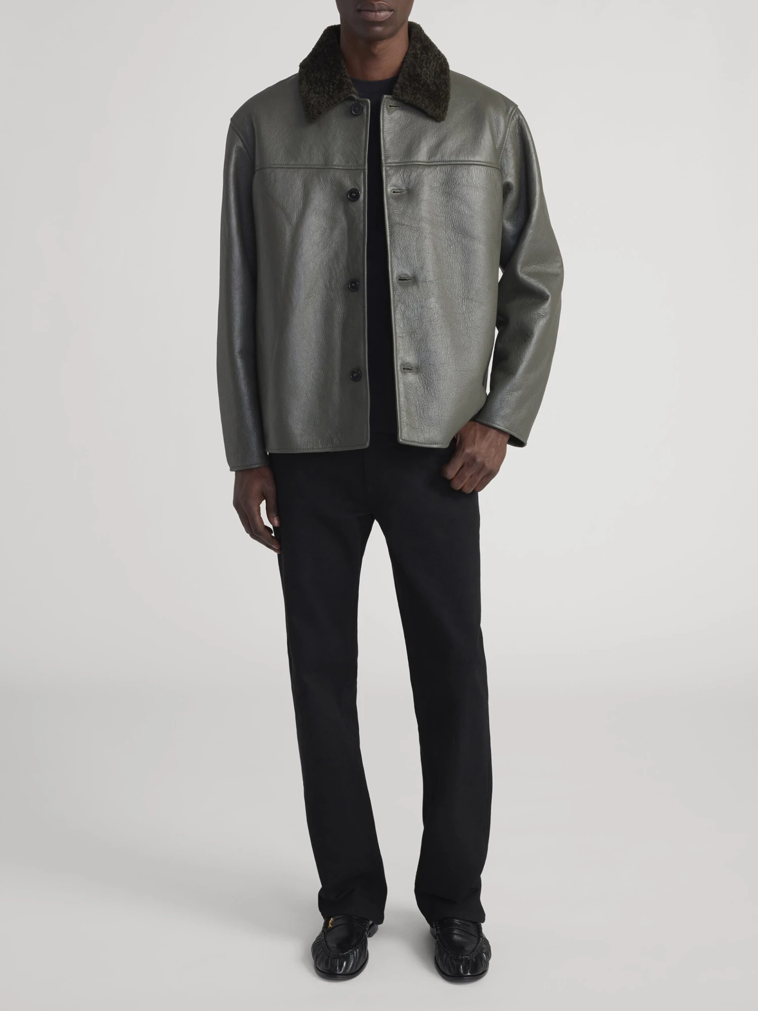 Men's Dark Olive Lamb Shearling Jacket – Boxy Silhouette with Contrast Collar 2 Men's Dark Olive Lamb Shearling Jacket – Boxy Silhouette with Contrast Collar - Image 2