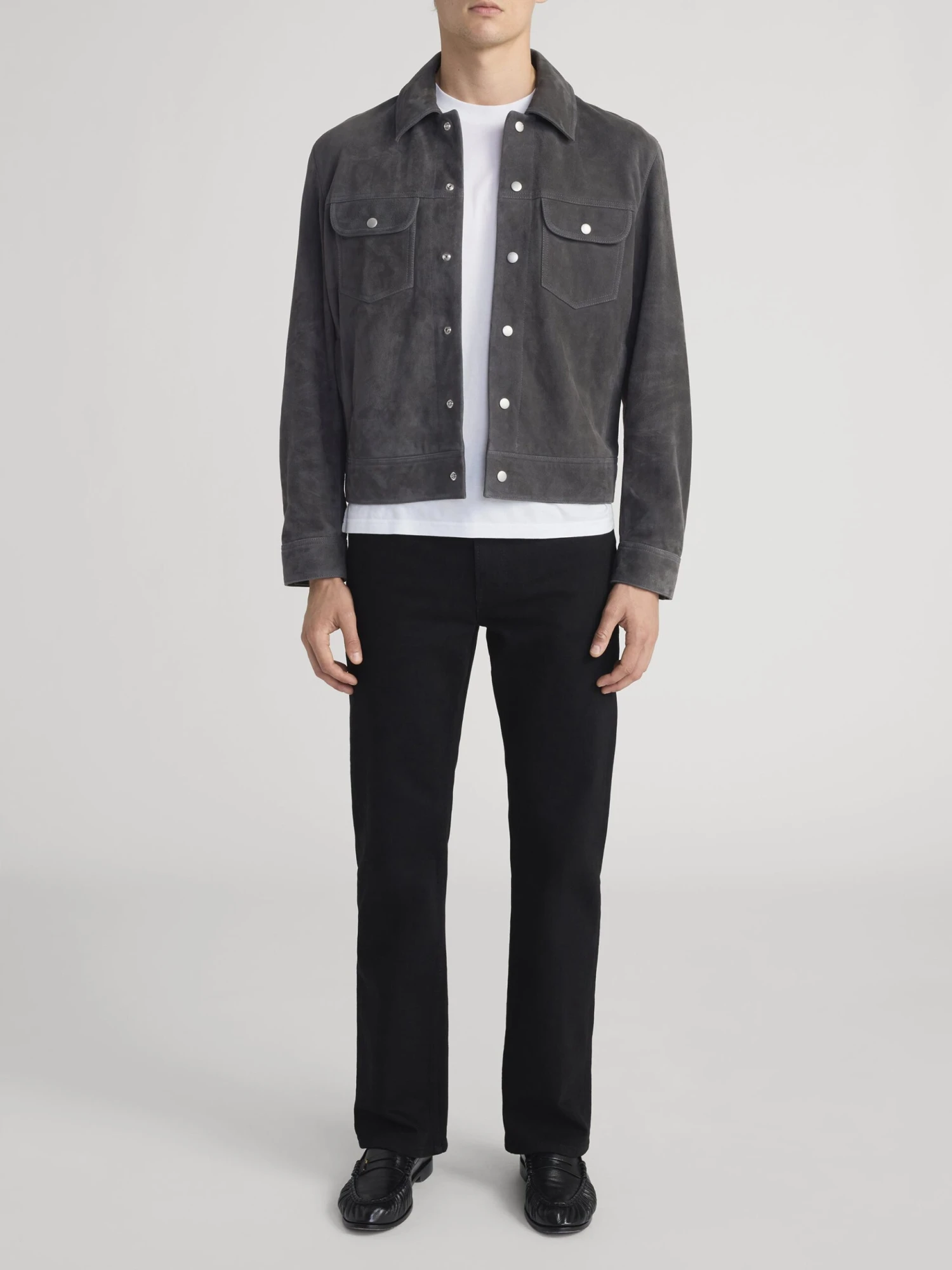 Dark Grey Supple Suede Trucker Jacket – Premium Leather Utility Outerwear with Silver Hardware 2 Dark Grey Supple Suede Trucker Jacket – Premium Leather Utility Outerwear with Silver Hardware - Image 2