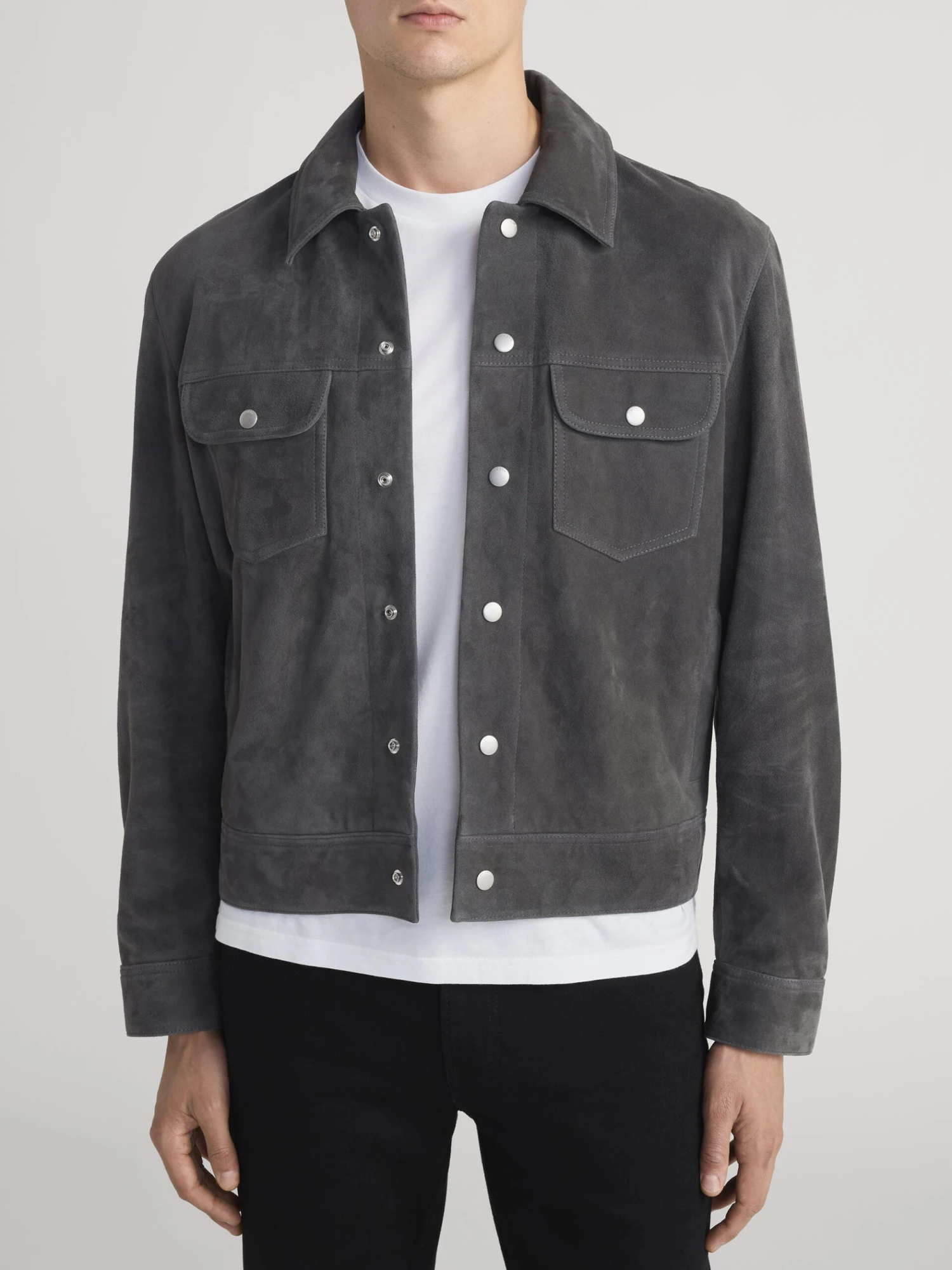 Dark Grey Supple Suede Trucker Jacket – Premium Leather Utility Outerwear with Silver Hardware 3 Dark Grey Supple Suede Trucker Jacket – Premium Leather Utility Outerwear with Silver Hardware - Image 3