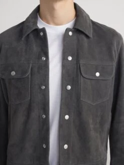 Dark Grey Supple Suede Trucker Jacket – Premium Leather Utility Outerwear with Silver Hardware 12 Dark Grey Supple Suede Trucker Jacket – Premium Leather Utility Outerwear with Silver Hardware -FRAME Clothing Shop MP26LJA003 DKGR 1284 jacket front detail image