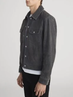 Dark Grey Supple Suede Trucker Jacket – Premium Leather Utility Outerwear with Silver Hardware 13 Dark Grey Supple Suede Trucker Jacket – Premium Leather Utility Outerwear with Silver Hardware -FRAME Clothing Shop MP26LJA003 DKGR 1296 jacket side angle image