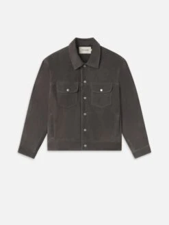 Dark Grey Supple Suede Trucker Jacket – Premium Leather Utility Outerwear with Silver Hardware