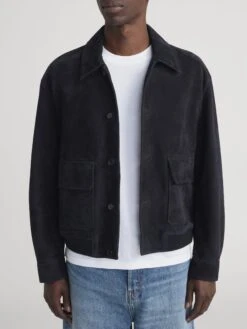 Dark Navy Premium Suede Blouson – Matte Finish Luxury Men's Jacket with Flap Pockets -FRAME Clothing Shop MP26LJA004 DKNV 1750 jacket front image