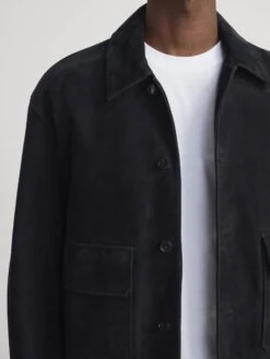 Dark Navy Premium Suede Blouson – Matte Finish Luxury Men's Jacket with Flap Pockets -FRAME Clothing Shop MP26LJA004 DKNV 1755 jacket front detail image