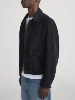 Dark Navy Premium Suede Blouson – Matte Finish Luxury Men's Jacket with Flap Pockets -FRAME Clothing Shop MP26LJA004 DKNV 1769 jacket side angle image