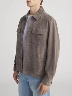 Light Taupe Pure Goat Suede Chore Coat – Men's Four-Pocket Utility Jacket -FRAME Clothing Shop MP26LJA005 LTTP 0207 jacket side angle image