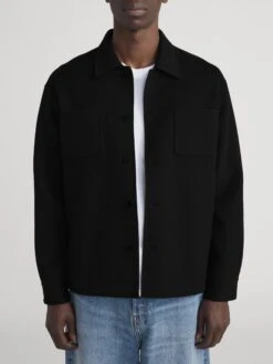 Men's Black Double Face Wool Trucker Jacket – Premium Woven Refined Outerwear -FRAME Clothing Shop MP26WJA008 BLK 1877 jacket front image