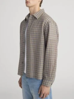 Men's Beige & Blue Plaid Lightweight Virgin Wool Relaxed Fit Shirt -FRAME Clothing Shop MP26WSH007 BBPL 0579 shirt side angle image