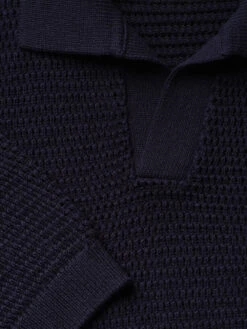 Navy Blue Silk Cotton Knit Short Sleeve Sweater Polo – Modern Open V-Neck Luxe Fit -FRAME Clothing Shop MS24JSH001 NAVY DETAIL 10816