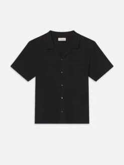 Frame Black Geometric Jacquard Short Sleeve Relaxed Fit Shirt - Textured Cotton Button-Down