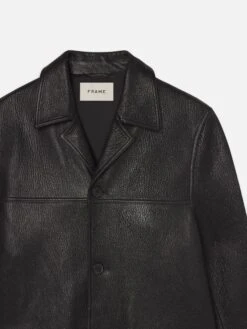 Premium Black Lamb Leather Jacket – Tonal Stitchwork with Notched Collar & Flap Pockets -FRAME Clothing Shop MS25LJA006 BLK DET jacket front detail packshot image