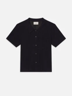 Dark Navy Wool Terry Short Sleeve Shirt – Textured Luxe Casual Button-Down