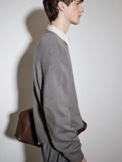 Men’s Heather Grey Wool-Cashmere Blend Sweater – Tonal Suede Elbow Patch Knit -FRAME Clothing Shop SHOT 19 0030 01 JPEG 72 2000X2666 f70b75fd e3b3 4a51 990d 37c8b6c828ee sweater lookbook image