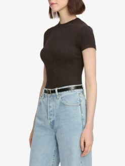 The Rib Baby Tee -- Coffee 11 The Rib Baby Tee -- Coffee -FRAME Clothing Shop WE24JKT015 CFFE 4152 top side angle image