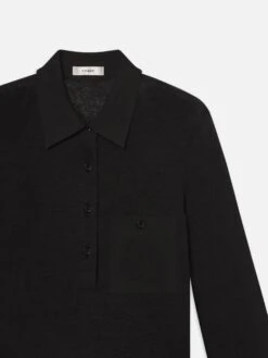 The Long Sleeve Caddy Polo -- Black -FRAME Clothing Shop WE25JKT019 BLK DET polo front detail packshot image