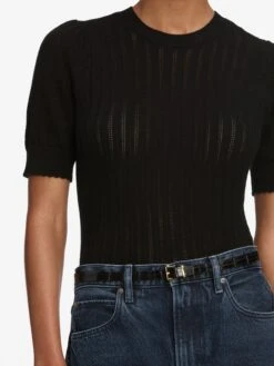 The Ladder Pointelle Sweater -- Black -FRAME Clothing Shop WF25KSW039 BLK 10742 sweater front detail image