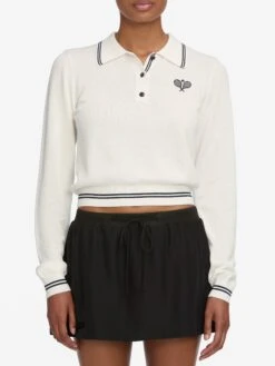 The Long Sleeve Tennis Polo -- White -FRAME Clothing Shop WF25KSW050 WHT WF25WSK007 NAVY 10317 polo front image