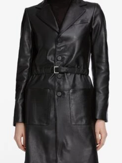 The Long Leather Belted Jacket -- Black 7 The Long Leather Belted Jacket -- Black -FRAME Clothing Shop WF25LJA008 BLK C 13173 V2 41e15868 35c9 4394 a1d9 4d4555ed65ef jacket front detail image