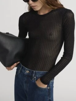 The Mesh Polka Dot Top -- Black -FRAME Clothing Shop WP26JTE001 BLK 0309 top side angle image