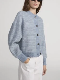 The Jacquard Femme Cardi -- Sky Blue Multi -FRAME Clothing Shop WP26KSW003 SKBL 1389 cardi side angle image