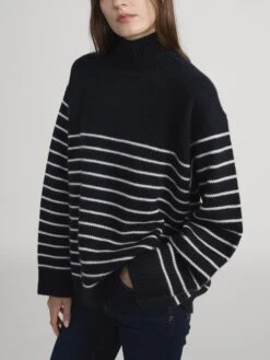 The Striped Cashmere Turtleneck -- Navy Multi 11 The Striped Cashmere Turtleneck -- Navy Multi -FRAME Clothing Shop WP26KSW071 NAMU LSLSL814 FRWY 2350 sweater side angle image