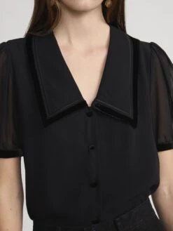 The Velvet Trim Sailor Blouse -- Black -FRAME Clothing Shop WP26WBL002 BLK 3746 top front detail image
