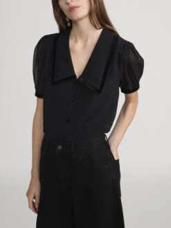 The Velvet Trim Sailor Blouse -- Black -FRAME Clothing Shop WP26WBL002 BLK 3771 top side angle image