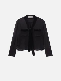 Velvet Trim Modern Tie Blouse -- Black