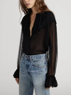 The Tiered Statement Blouse -- Black 11 The Tiered Statement Blouse -- Black -FRAME Clothing Shop WP26WBL015 BLK 0240 38e0ad72 045f 42a6 aee3 0f49372265bc top side angle image