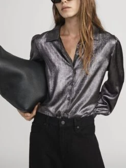 The Shiny Staple Blouse -- Gunmetal 9 The Shiny Staple Blouse -- Gunmetal -FRAME Clothing Shop WP26WBL019 GNMT 2499 shirt front image