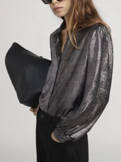 The Shiny Staple Blouse -- Gunmetal 11 The Shiny Staple Blouse -- Gunmetal -FRAME Clothing Shop WP26WBL019 GNMT 2513 shirt side angle image