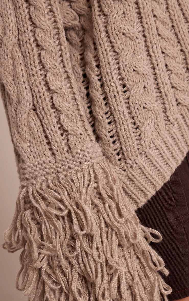 Taupe Cable Knit Loop Trim Sweater 4 Taupe Cable Knit Loop Trim Sweater - Image 4