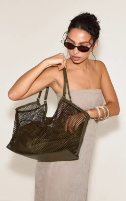 PrettyLittleThing Olive Green Fishnet Mesh Shoulder Bag - Slouchy Tote with Inner Pouch