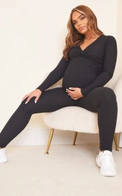 Prettylittlething Maternity Black Brushed Rib Leggings
