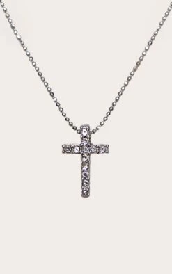Prettylittlething Silver Diamante Minimalist Cross – Dainty Pendant Necklace