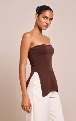 Prettylittlething Chocolate Bandeau Longline Knit Top