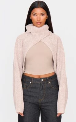 Prettylittlething Beige Extreme Cropped Knit Sweater