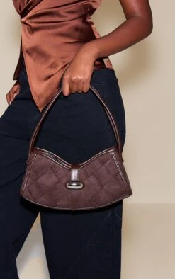 PrettyLittleThing Chocolate Faux Suede Woven Buckle Shoulder Bag