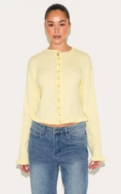 Prettylittlething Lemon Knit Ruffle Detail Cardigan