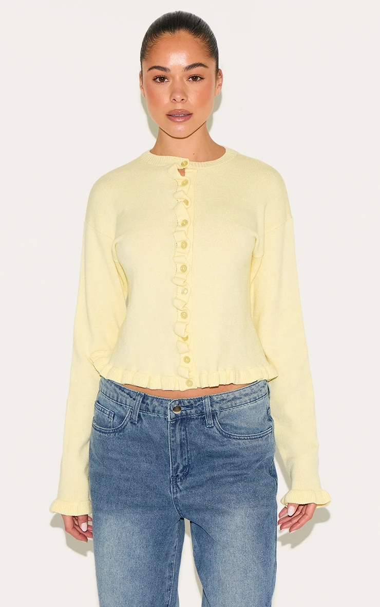PrettyLittleThing Lemon Yellow Knit Ruffle Detail Button-Down Cardigan 1 PrettyLittleThing Lemon Yellow Knit Ruffle Detail Button-Down Cardigan