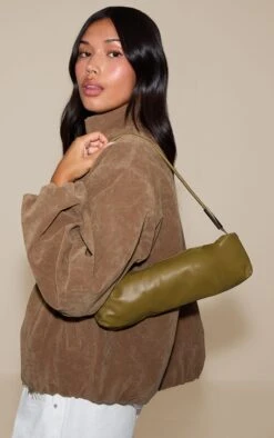 PrettyLittleThing Olive Green Soft PU Gold Hardware Shoulder Bag – Structured Faux Leather Day Bag